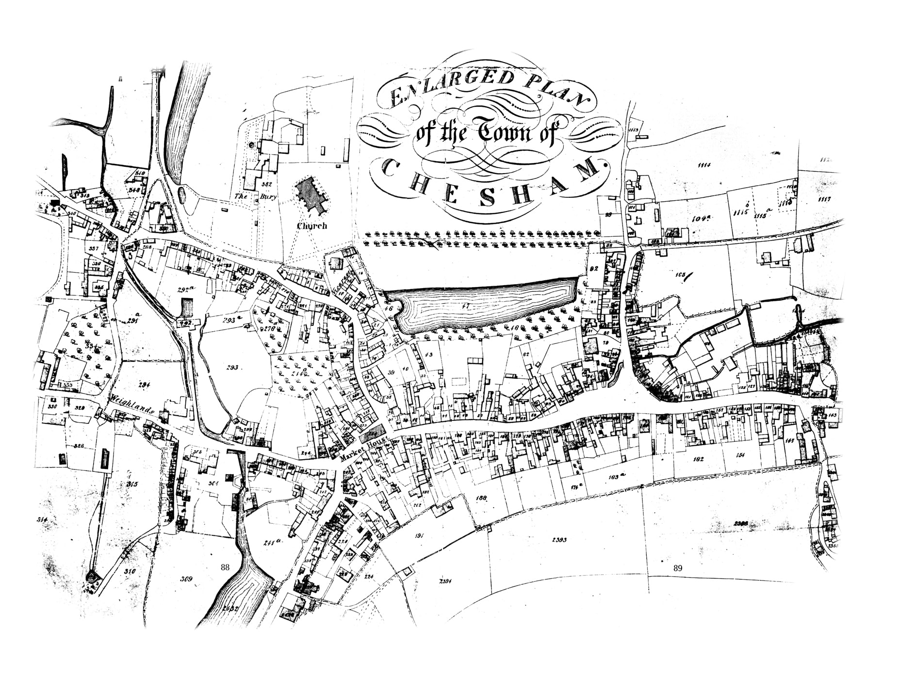 Black and white enlarged plan of the town of Chesham