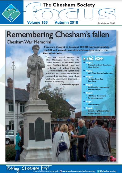 The Chesham Society Focus volume 155 with headline Remembering Chesham's fallen